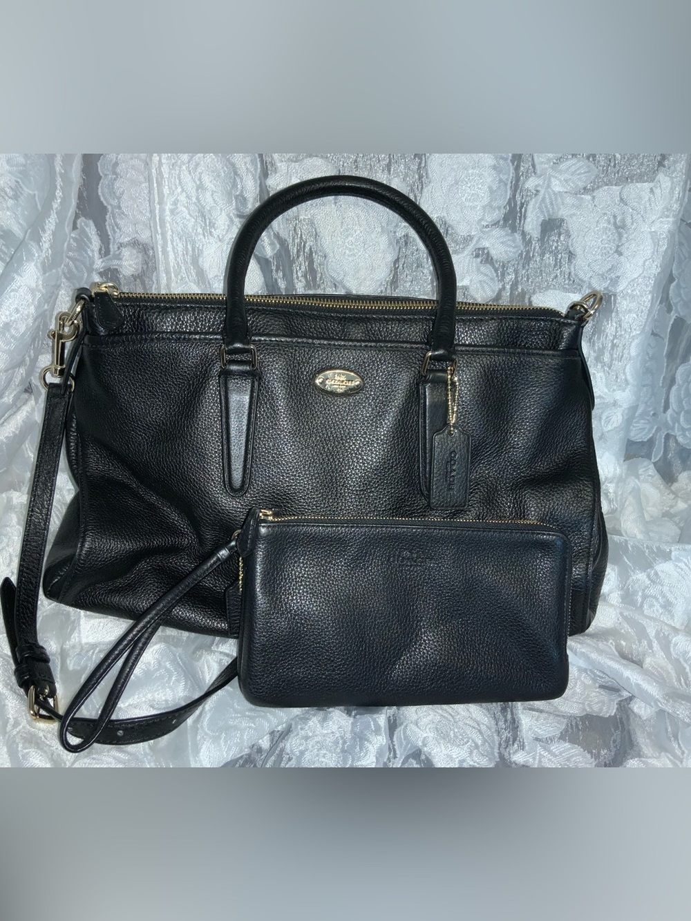 Coach Black Pebbled Leather Tote with Gold Accent